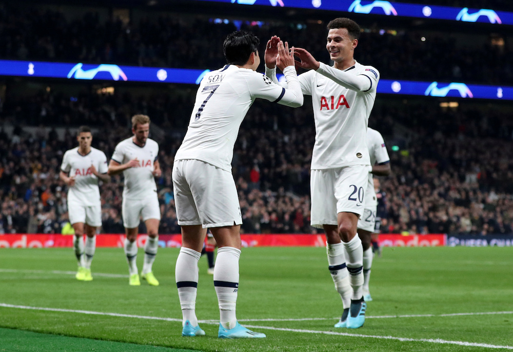 Tottenham Hotspuru00e2u20acu2122s Son Heung-min celebrates scoring their third goal with teammate Dele Alli during the Champions League Group B match with Crvena Zvezda at Tottenham Hotspur Stadium in London October 22, 2019. u00e2u20acu201d Reuters pic