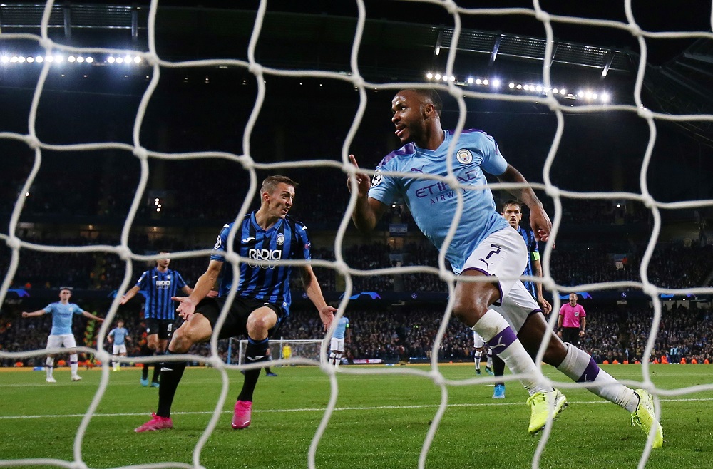 Manchester Cityu00e2u20acu2122s Raheem Sterling celebrates scoring their fifth goal agaubst Atalanta and completing his hat-trick at the Etihad Stadium in Manchester October 22, 2019. u00e2u20acu201d Action Images pic via Reuters