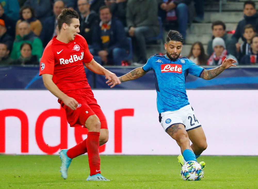 Napoliu00e2u20acu2122s Lorenzo Insigne in action with FC Salzburgu00e2u20acu2122s Maximilian Wober during their match at the Red Bull Arena Salzburg in Austria October 23, 2019. u00e2u20acu201d Reuters pic
