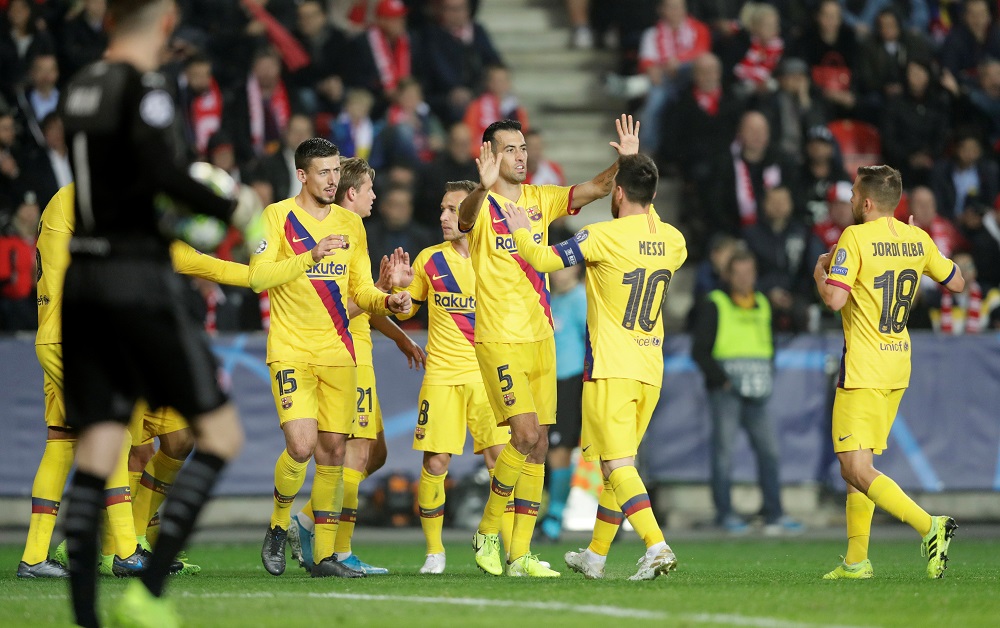Barcelonau00e2u20acu2122s Lionel Messi, Sergio Busquets and team mates celebrate after SK Slavia Pragueu00e2u20acu2122s Peter Olayinka scores an own goal and Barcelonau00e2u20acu2122s second at the Een Arena in Prague October 23, 2019. u00e2u20acu201d Reuters pic