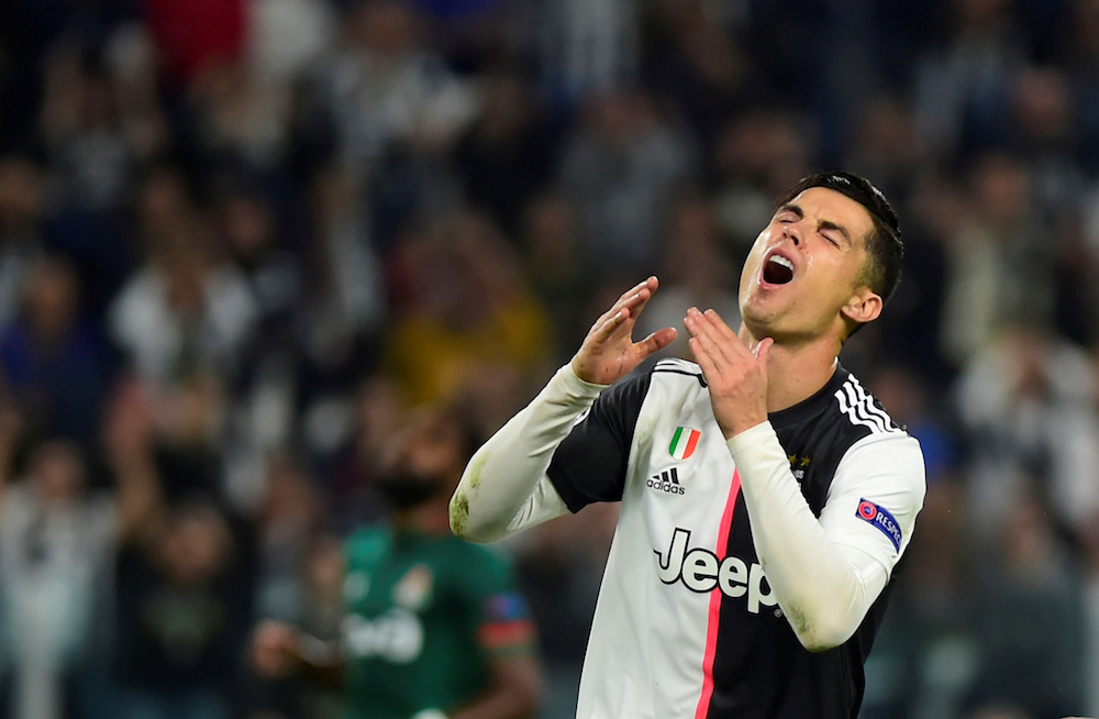 Juventusu00e2u20acu2122 Cristiano Ronaldo reacts during the Champions League Group D match with Lokomotiv Moscow at Allianz Stadium in Turin October 22, 2019. u00e2u20acu201d Reuters pic