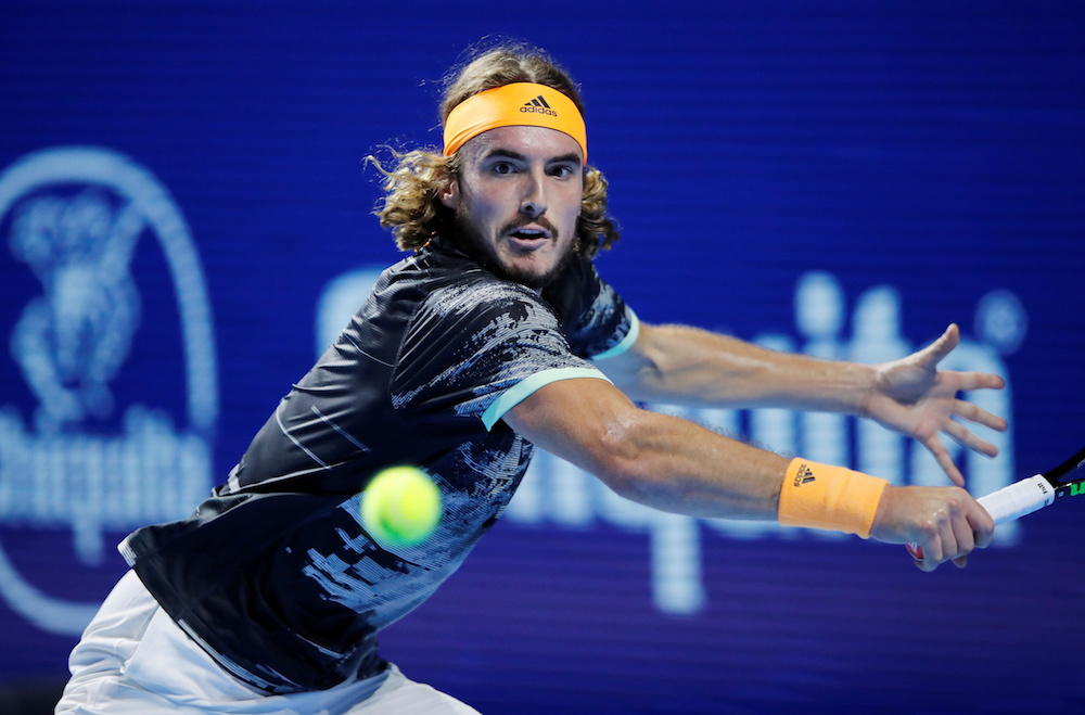 Greeceu00e2u20acu2122s Stefanos Tsitsipas in action during his quarter-final match against Serbiau00e2u20acu2122s Filip Krajinovic at the Swiss Indoor championship in Basel October 25, 2019. u00e2u20acu201d Reuters pic