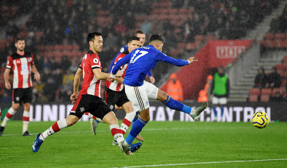 Leicester City’s Ayoze Perez scores their sixth goal to complete his hat-trick during the Premier League match with Southampton at St Mary’s Stadium in Southampton October 25, 2019. — Action Images pic via Reuters