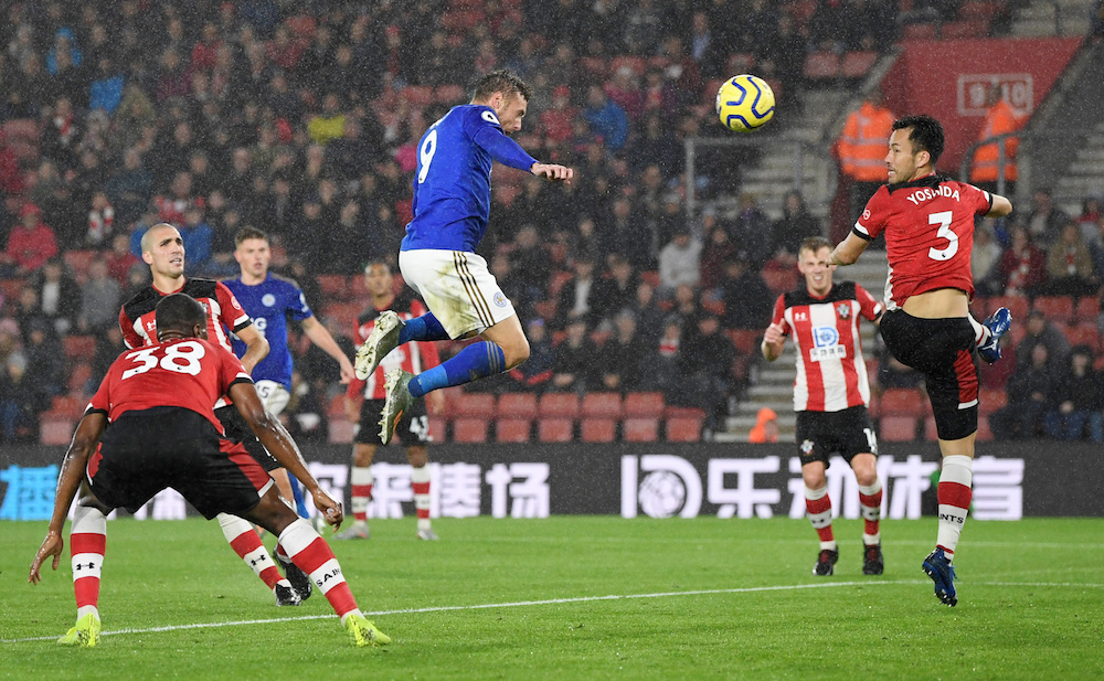 Leicester Cityu00e2u20acu2122s Jamie Vardy scores their seventh goal during the Premier League match with Southampton at St Maryu00e2u20acu2122s Stadium in Southampton October 25, 2019. u00e2u20acu201d Action Images pic via Reuters