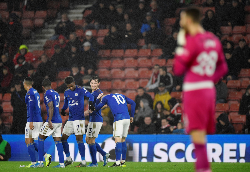 Leicester City’s James Maddison celebrates scoring their eighth goal with teammates during the Premier League match with Southampton at St Mary’s Stadium in Southampton October 25, 2019. — Action Images pic via Reuters