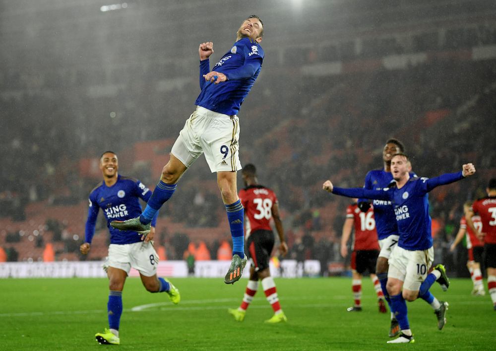 Leicester Cityu00e2u20acu2122s Jamie Vardy celebrates scoring their ninth goal from the penalty spot to complete his hat-trick during the Premier League match with Southampton at St Maryu00e2u20acu2122s Stadium in Southampton October 25, 2019. u00e2u20acu201d Action Images pic via Reuters