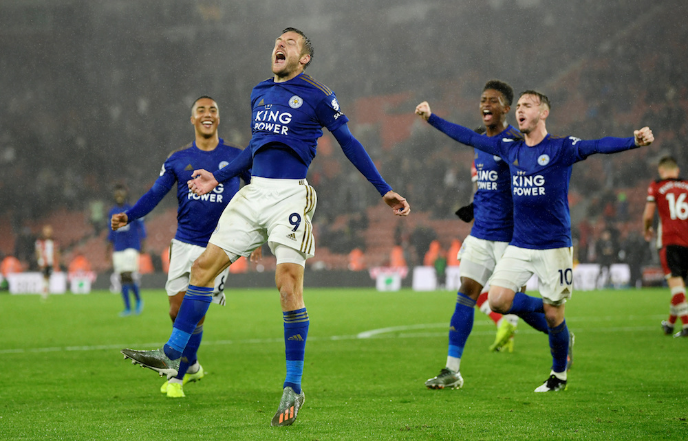 Leicester Cityu00e2u20acu2122s Jamie Vardy celebrates scoring their ninth goal from the penalty spot to complete his hat-trick during the Premier League match with Southampton at St Maryu00e2u20acu2122s Stadium in Southampton October 25, 2019. u00e2u20acu201d Action Images pic via Reuters