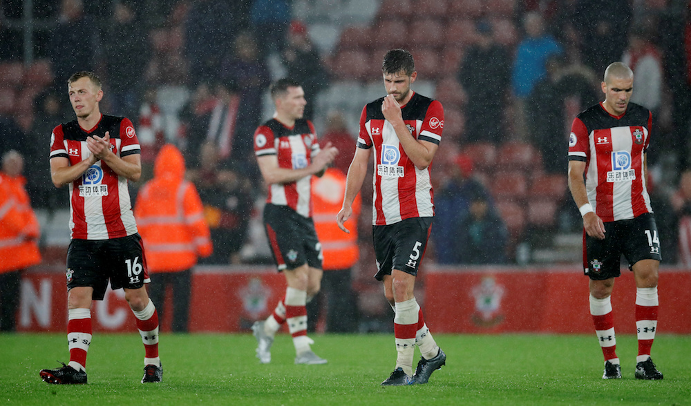 Southampton’s Jack Stephens, James Ward-Prowse and Oriol Romeu look dejected at the end of the Premier League match with Leicester City at St Mary’s Stadium in Southampton October 25, 2019. — Reuters pic