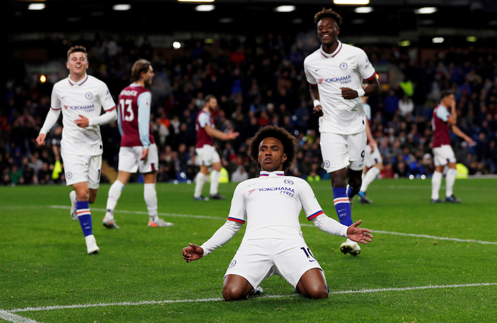 Chelsea’s Willian celebrates scoring their fourth goal during the Premier League match with Burnley at Turf Moor in Burnley October 26, 2019. — Action Images pic via Reuters