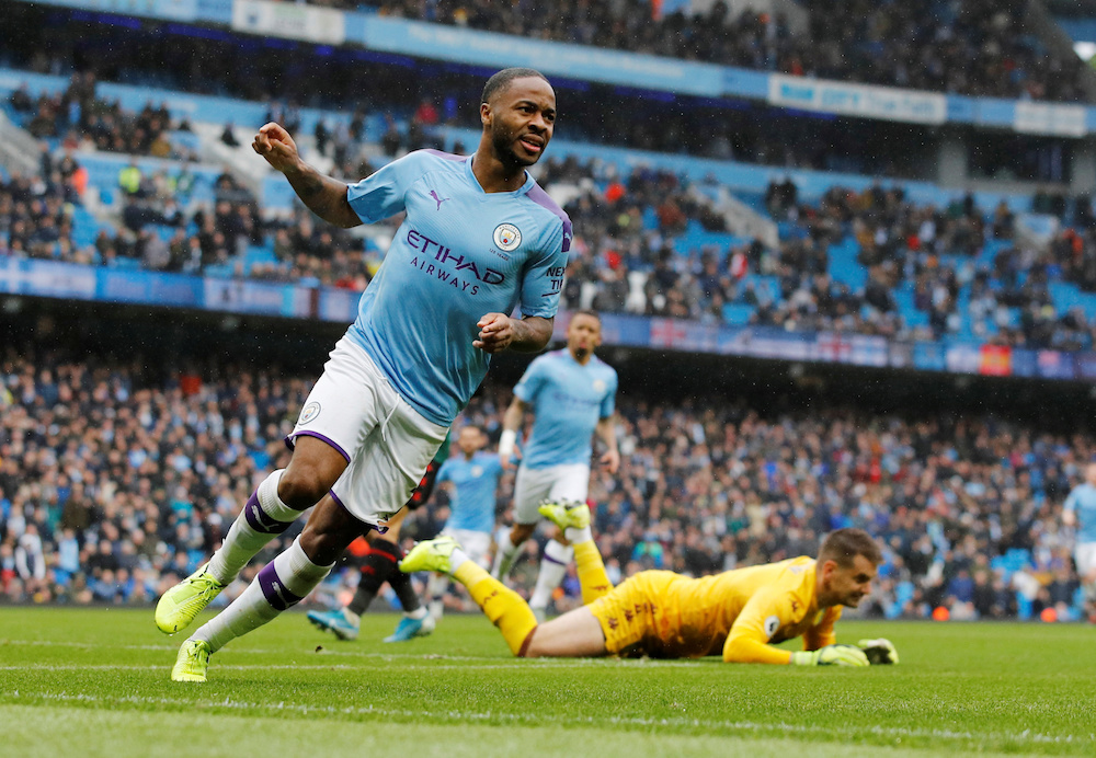 Manchester Cityu00e2u20acu2122s Raheem Sterling celebrates scoring their first goal during the Premier League match with Aston Villa at Etihad Stadium in Manchester October 26, 2019. u00e2u20acu201d Action Images pic via Reuters