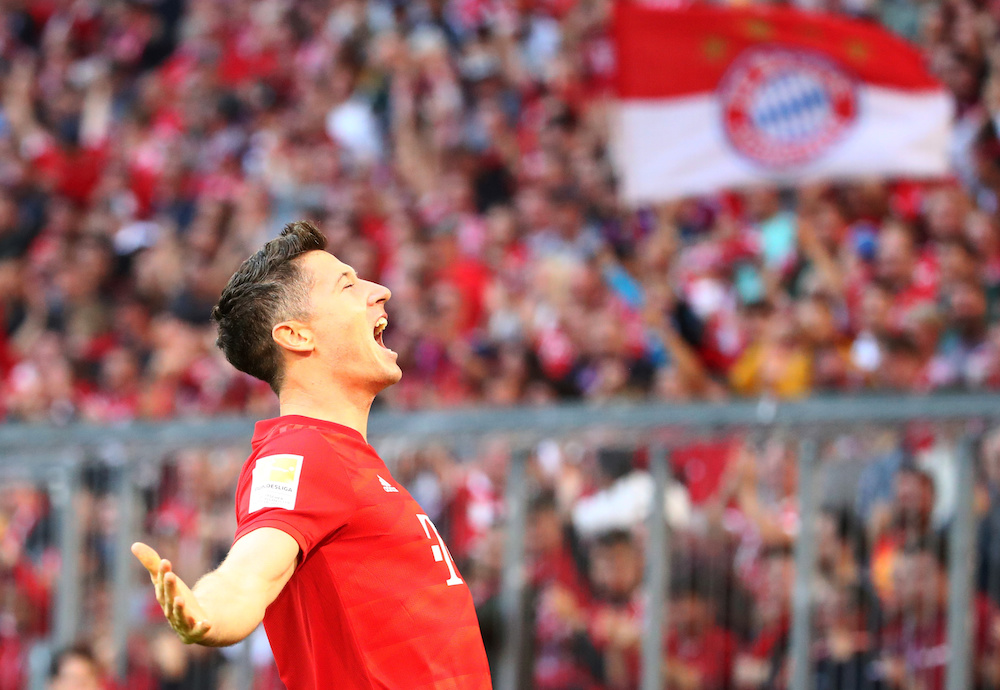 Bayern Munichu00e2u20acu2122s Robert Lewandowski celebrates scoring their second goal during the Bundesliga match with Union Berlin at Allianz Arena in Munich October 26, 2019. u00e2u20acu201d Reuters pic