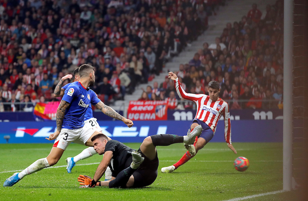 Atletico Madridu00e2u20acu2122s Alvaro Morata scores their second goal during the La Liga match with Athletic Bilbao at Wanda Metropolitano in Madrid October 26, 2019. u00e2u20acu201d Reuters pic