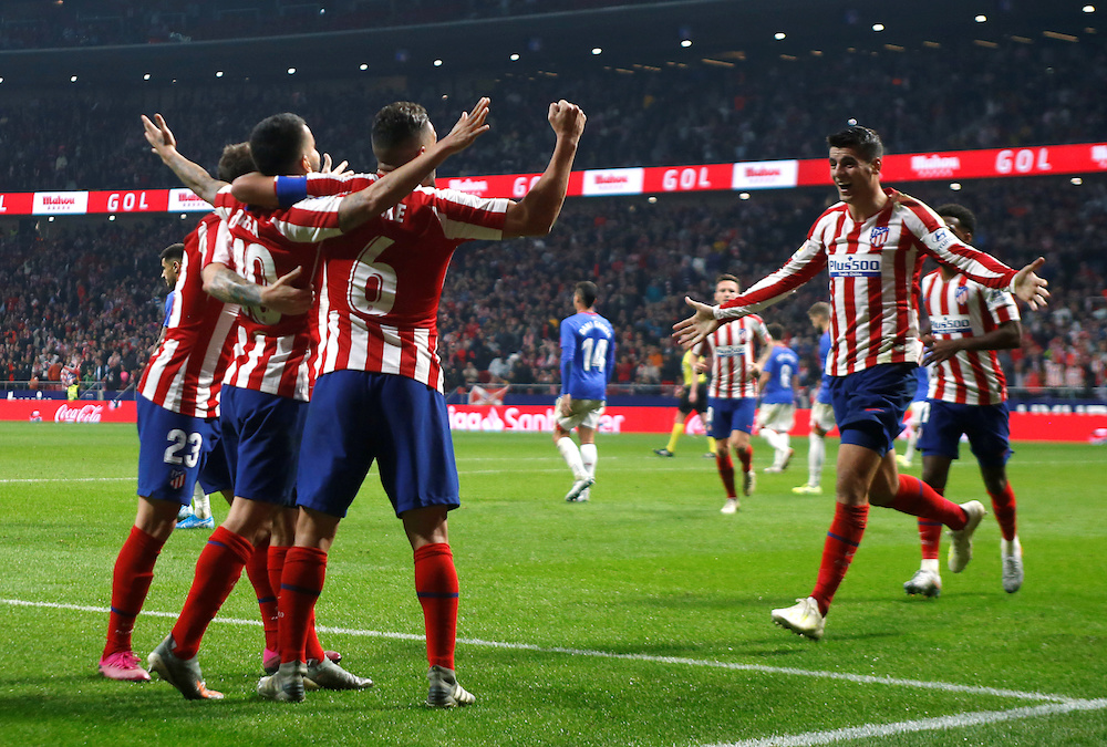 Atletico Madridu00e2u20acu2122s Alvaro Morata celebrates scoring their second goal with teammates during the La Liga match with Athletic Bilbao at Wanda Metropolitano in Madrid October 26, 2019. u00e2u20acu201d Reuters pic