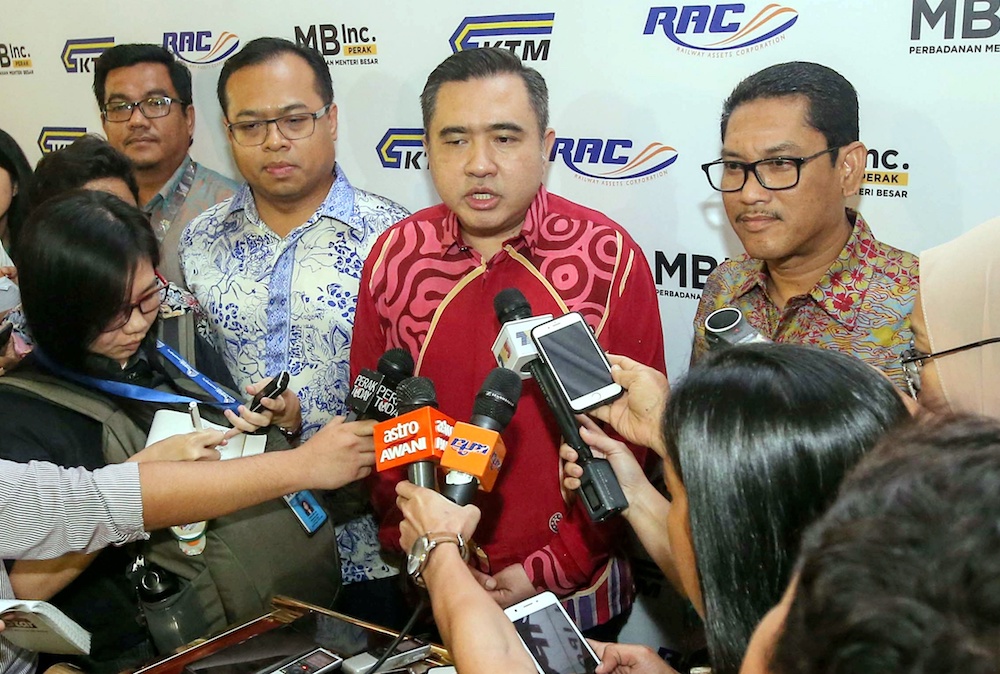 Transport Minister Anthony Loke speaks to reporters at the launch of the Electric Train Service 2 (ETS2) and the Integrated Development of Ipoh Train Station project in Ipoh October 10, 2019. — Picture by Farhan Najib