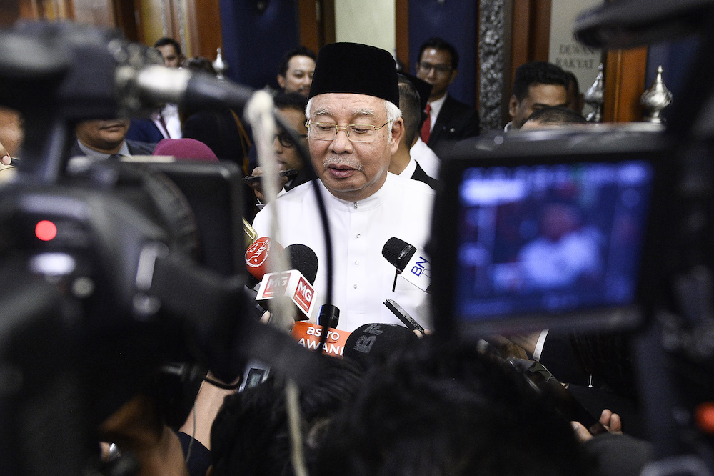 Datuk Seri Najib Razak speaks to reporters in Parliament after the tabling of Budget 2020 on October 11, 2019. u00e2u20acu201d Picture by Miera Zulyana
