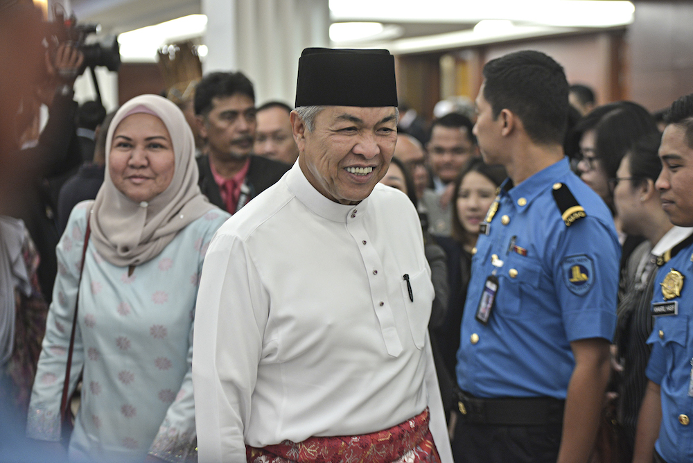 Datuk Seri Ahmad Zahid Hamidi is seen in Parliament October 11, 2019, ahead of the tabling of Budget 2020.― Picture by Shafwan Zaidon