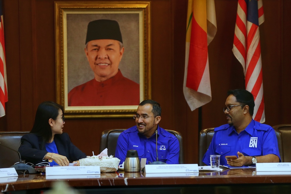 MCA Youth chief Nicole Wong Siaw Ting, Umno Youth chief Datuk Seri Asyraf Wajdi Dasuki and MIC Youth chief R. Thinalan attend a press conference at PWTC in Kuala Lumpur October 24, 2019. u00e2u20acu201d Picture by Ahmad Zamzahuri