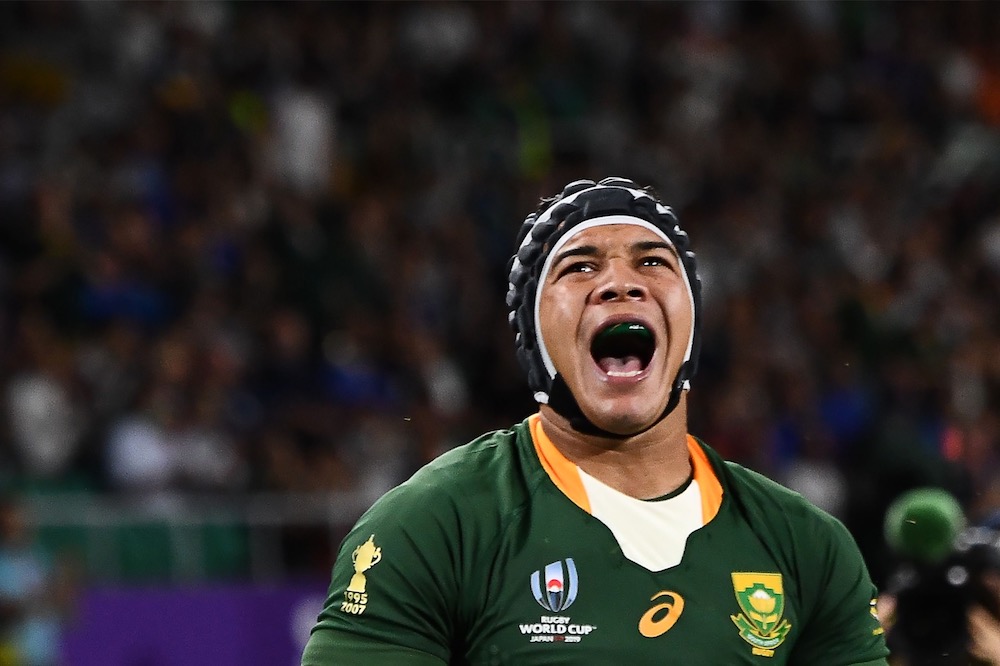 South Africa's wing Cheslin Kolbe celebrates after scoring a try during the Japan 2019 Rugby World Cup Pool B match between South Africa and Italy in Shizuoka October 4, 2019. u00e2u20acu201d AFP pic