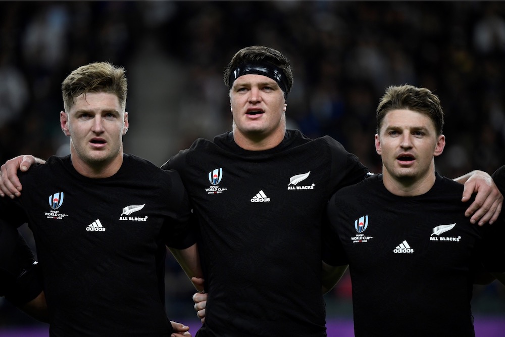 (from left) New Zealand's wing Jordie Barrett, lock Scott Barrett and full back Beauden Barrett line up prior to the Japan 2019 Rugby World Cup Pool B match between New Zealand and Canada at the Oita Stadium in Oita October 2, 2019. u00e2u20acu201d AFP pic
