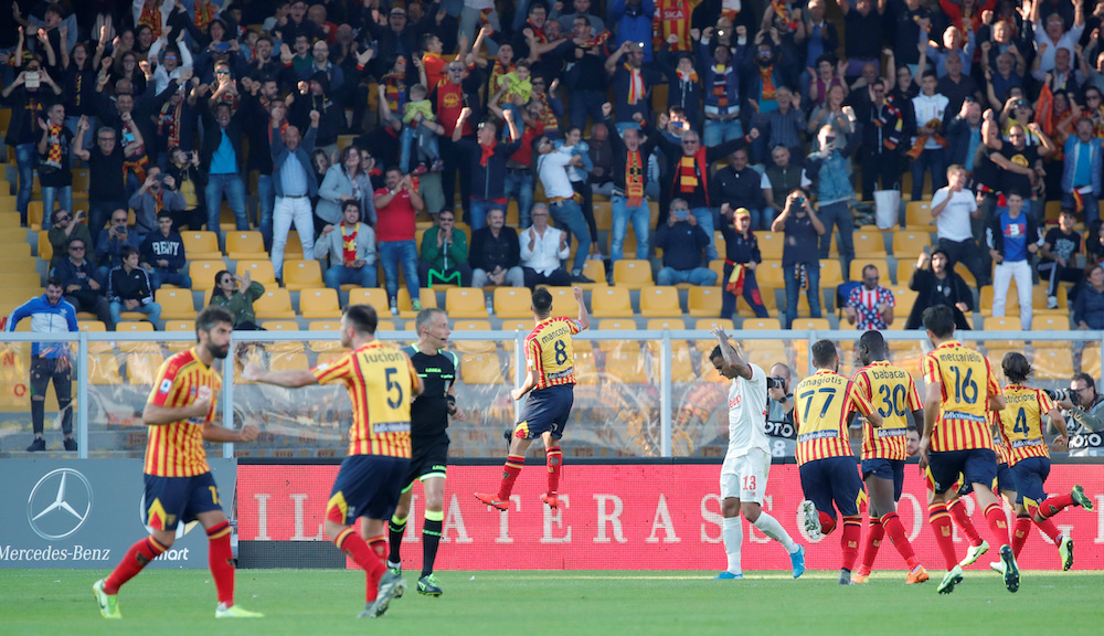 Lecce's Marco Mancosu celebrates scoring their first goal, October 26, 2019. u00e2u20acu201d Reuters pic