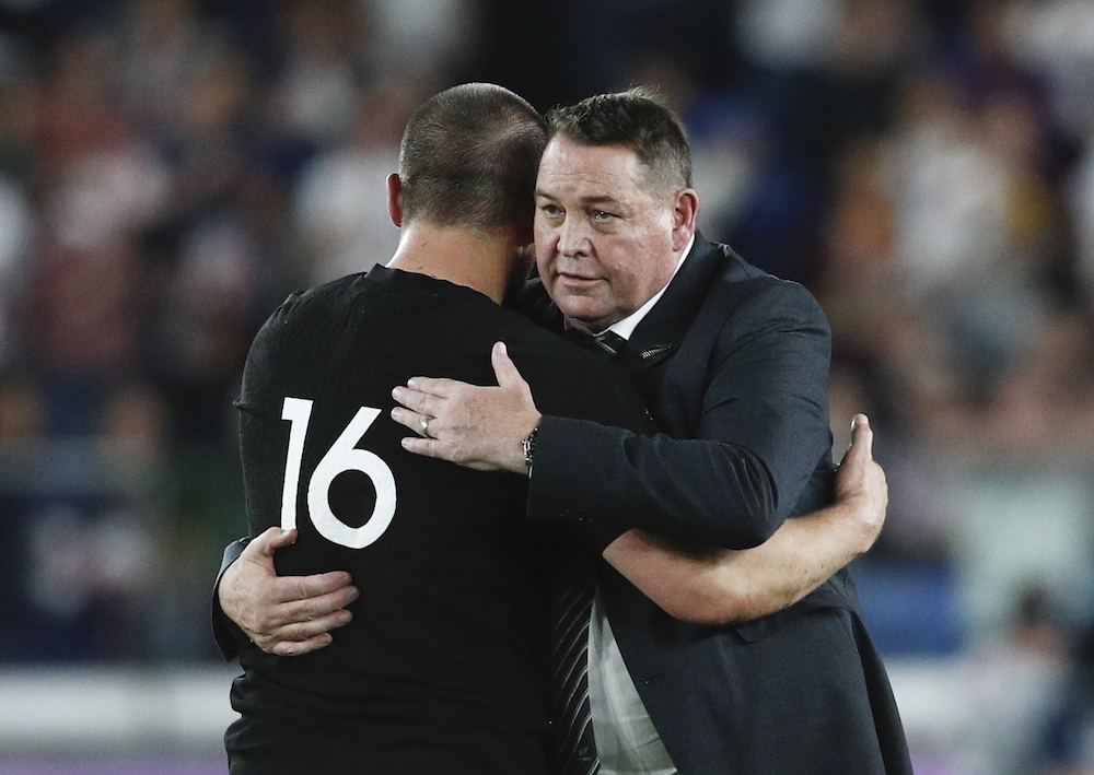 New Zealand head coach Steve Hansen and New Zealand's Dane Coles after the match, October 26, 2019. u00e2u20acu201d Reuters pic
