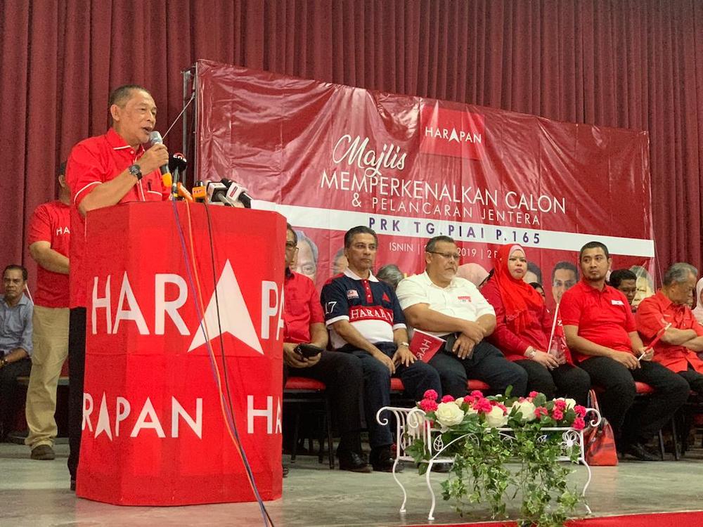 Bersatu division chief Karmaine Sardini speaks after being announced as the Pakatan Harapan candidate for the Tanjung Piai by-election on November 16, 2019. u00e2u20acu201d Picture by Ben Tan