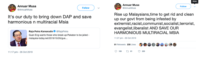 Screengrabs of Annuar Musa's tweets.