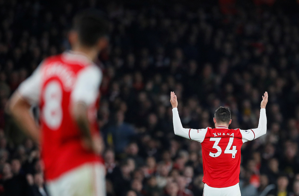 Arsenal's Granit Xhaka reacts to being substituted, October 27, 2019. u00e2u20acu201d Reuters pic 