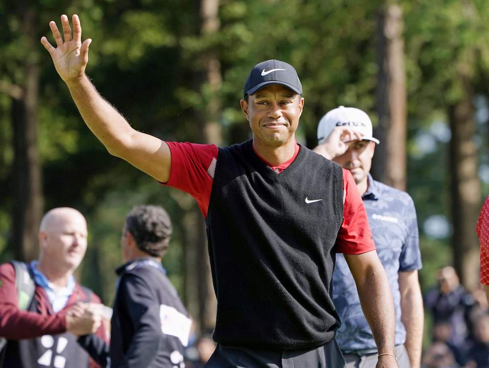 Tiger Woods celebrates to win the final round of the Zozo Championship, a PGA Tour event, at Narashino Country Club in Inzai October 28, 2019, in this photo released by Kyodo. u00e2u20acu201d Kyodo handout via Reuters