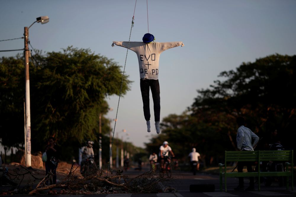 A puppet depicting Boliviau00e2u20acu2122s President Evo Morales is hung at traffic light during a protest in Santa Cruz de la Sierra, Bolivia October 26, 2019. u00e2u20acu2022 Reuters pic