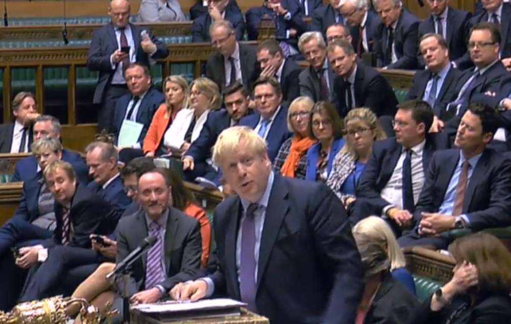 A video grab shows Britainu00e2u20acu2122s Prime Minister Boris Johnson speaking at the opening of the debate into the Brexit withdrawal agreement bill in the House of Commons in London October 22, 2019. u00e2u20acu201d Parliamentary Recording Unit handout pic via AFP