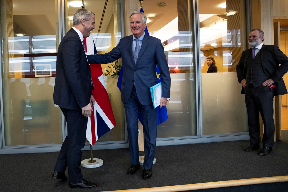 Britainu00e2u20acu2122s Brexit Secretary Stephen Barclay poses with European Unionu00e2u20acu2122s chief Brexit negotiator Michel Barnier ahead of a meeting at the EU Commission headquarters in Brussels, October 11, 2019. u00e2u20acu201d Francisco Seco/Pool pic via Reuters