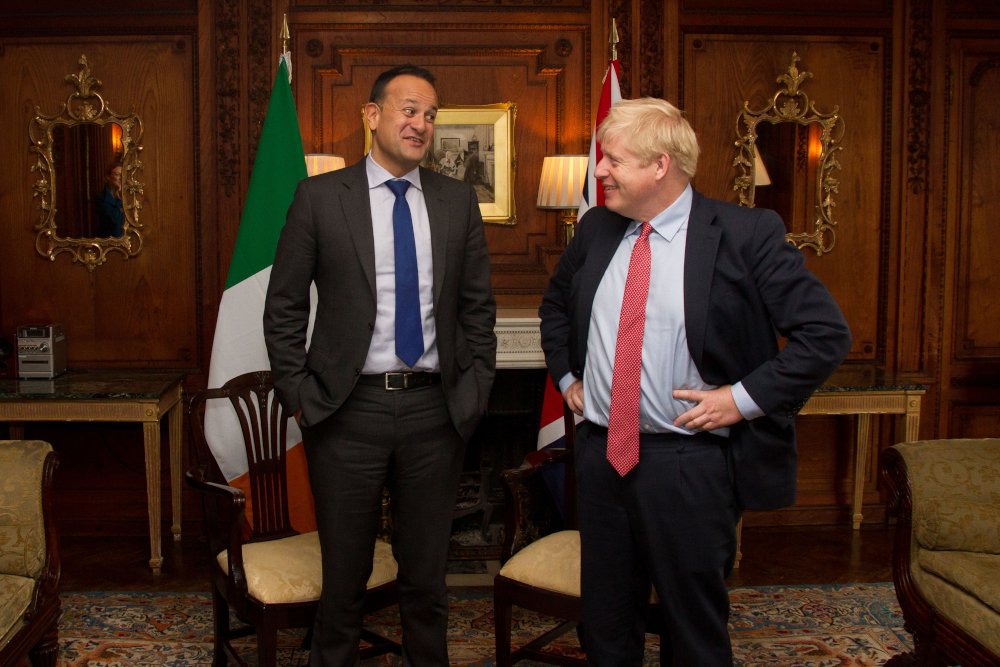 Irelandu00e2u20acu2122s prime minister Leo Varadkar and Britainu00e2u20acu2122s Prime Minister Boris Johnson at  Thornton Manor Hotel, near Birkenhead, north-west England October 10, 2019, as they meet for Brexit talks. u00e2u20acu201d AFP pic 