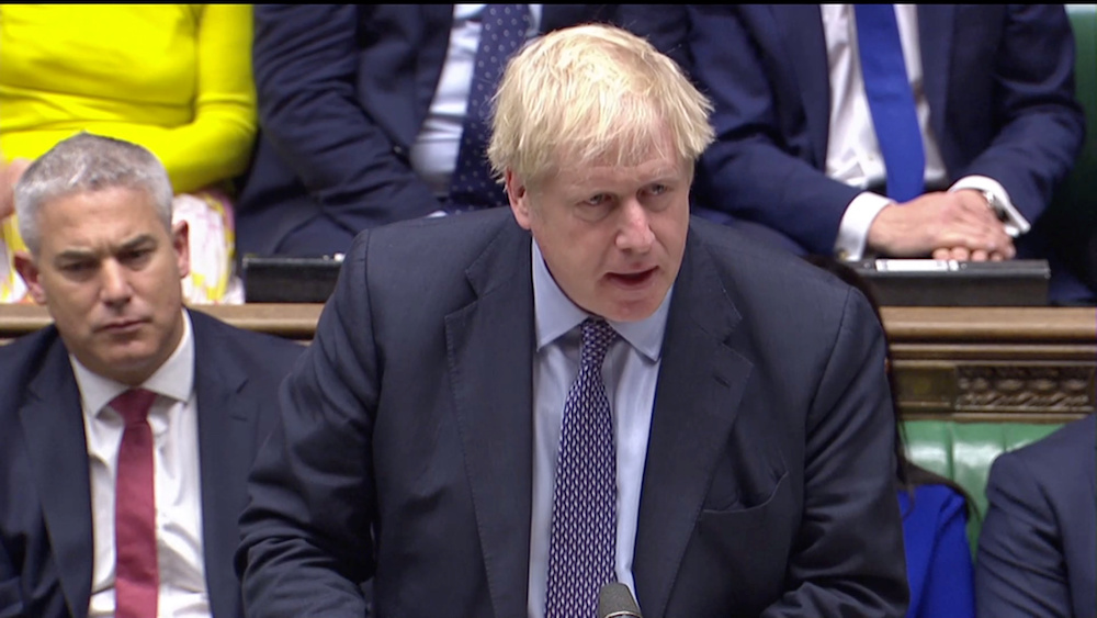 Britainu00e2u20acu2122s Prime Minister Boris Johnson speaks at the House of Commons as parliament discusses Brexit, sitting on a Saturday for the first time since the 1982 Falklands War, in London, Britain, October 19, 2019, in this screen grab taken from video. u00e2u20acu201d 