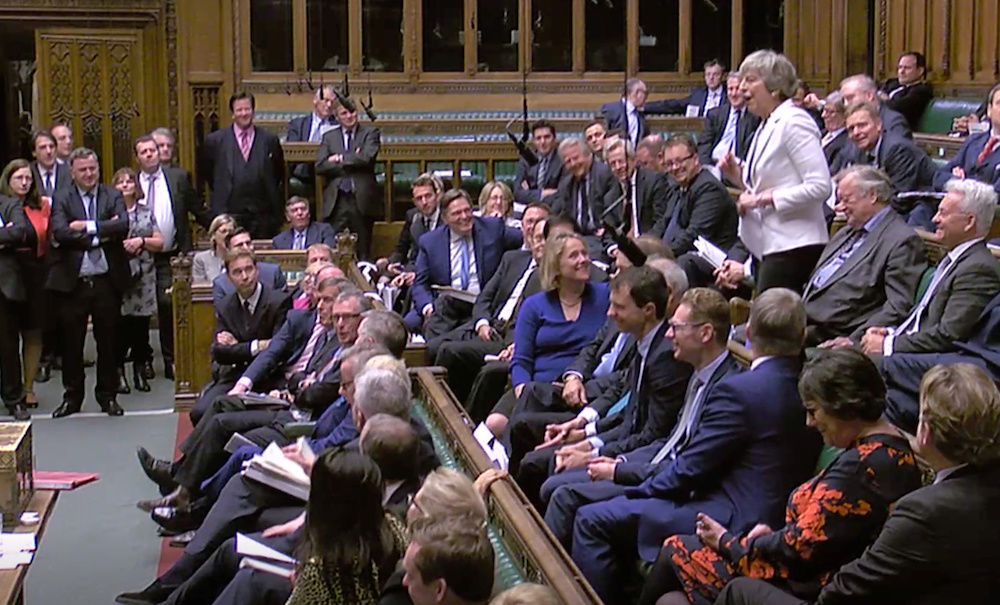 Britainu00e2u20acu2122s Conservative MP and former prime minister Theresa May speaks at the House of Commons as parliament discusses Brexit, sitting on a Saturday in London, Britain, October 19, 2019, in this screen grab taken from video. Parliament TV. u00e2u20acu201d Reuters p