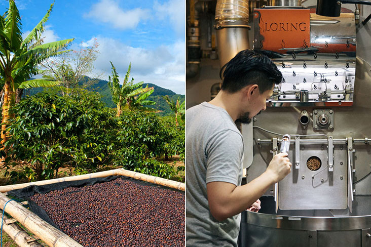 Processing at a coffee farm in Panama that Perk Coffee sources from (left). Roasting beans at the Hook Coffee roastery in Singapore (right)
