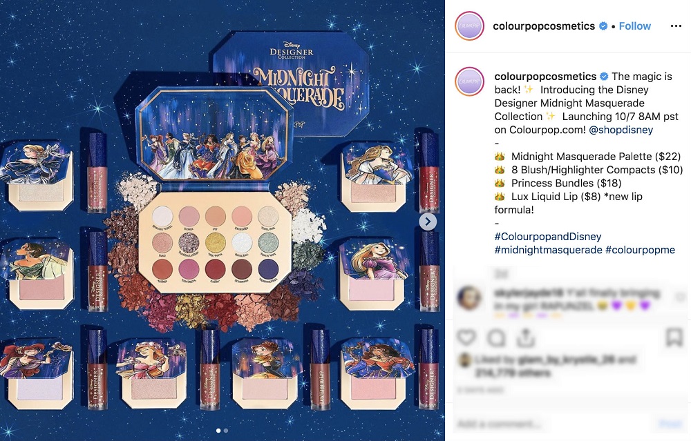 A screengrab from Colourpop Cosmeticsu00e2u20acu2122 Instagram page shows the Disney new collection.
