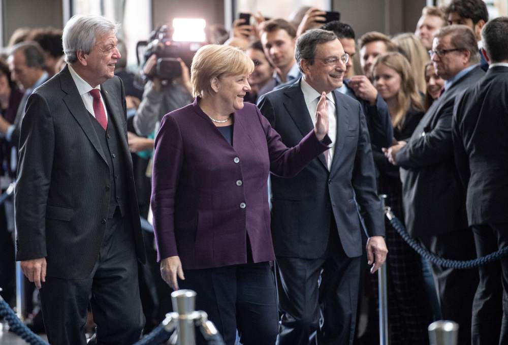 German Chancellor Angela Merkel, Hessian Prime Minister Volker Bouffier and European Central Bank's outgoing President Mario Draghi arrive at a farewell event for Draghi in Frankfurt October 28, 2019. u00e2u20acu2022 Reuters pic