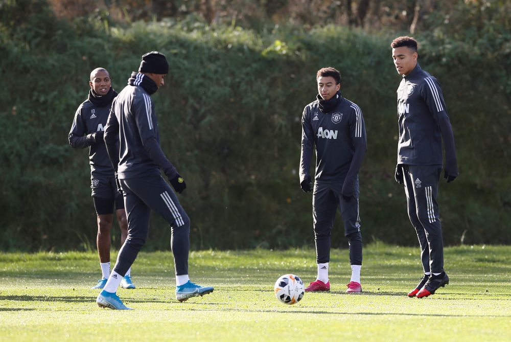 Manchester Unitedu00e2u20acu2122s Marcus Rashford with Ashley Young, Jesse Lingard and Mason Greenwood during training at Aon Training Complex, Manchester, October 23, 2019. u00e2u20acu201dAction Images via Reuters