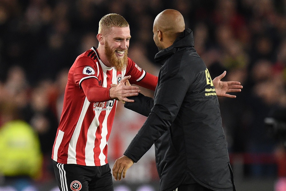 Sheffield United's strikers Oliver McBurnie (left) and David McGoldrick (right) celebrate on the pitch after the match against Arsenal at Bramall Lane in Sheffield October 21, 2019. u00e2u20acu201d AFP pic