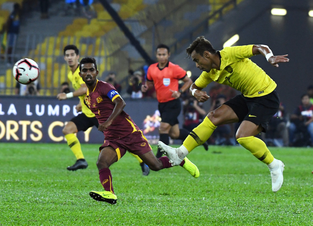 Malaysiau00e2u20acu2122s Mohd Aidil Zafuan Abdul Razak in action during the Tier 1 international friendly with Sri Lanka at Bukit Jalil National Stadium in Kuala Lumpur October 5, 2019. u00e2u20acu201d Bernama pic