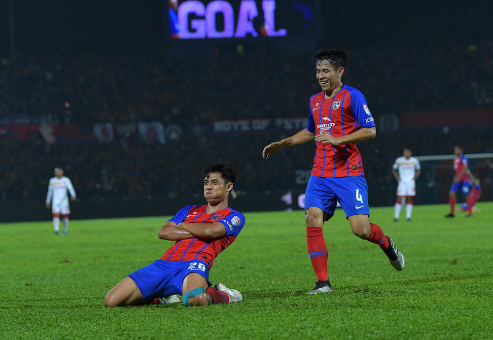 JDTu00e2u20acu2122s Muhammad Syafiq Ahmad celebrates scoring a goal during their Malaysia Cup semi-final first leg match with Selangor at Tan Sri Hassan Yunos Stadium in Larkin October 19, 2019. u00e2u20acu201d Bernama pic