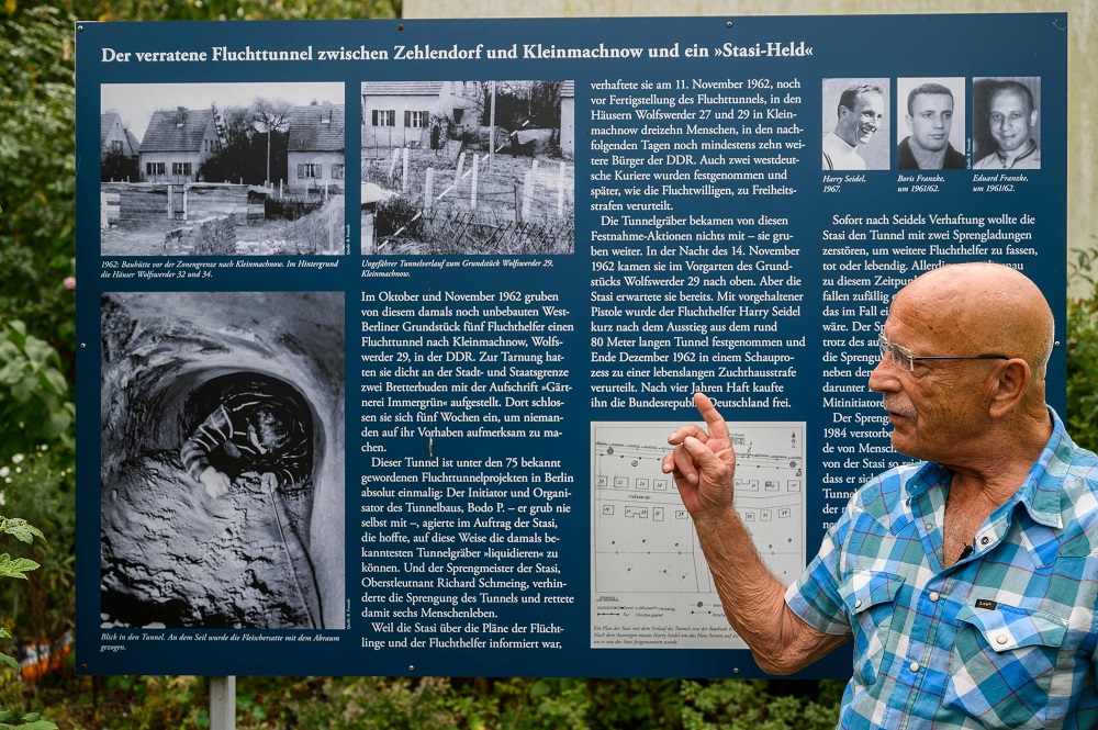 Boris Franzke, who dug escape tunnels between East and West Germany in the 1960s, at a commemorative plaque describing a tunnel he and his brother excavated in Berlinu00e2u20acu2122s Zehlendorf district, during an interview with AFP on September 3, 2019. u00e2u20acu201d AFP pic 