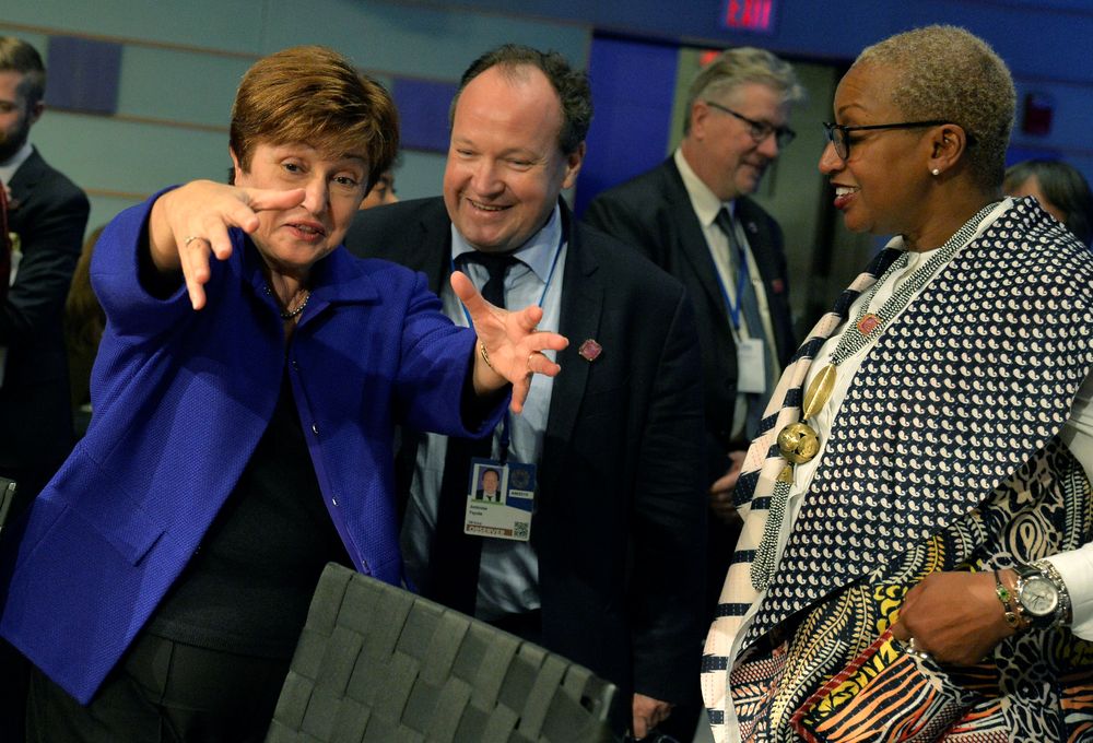 IMF Managing Director Kristalina Georgieva gestures as she talks to World Bank staff during the IMF 2019 Annual Meetings of finance ministers and bank governors, in Washington, October 19, 2019. u00e2u20acu201d Reuters pic