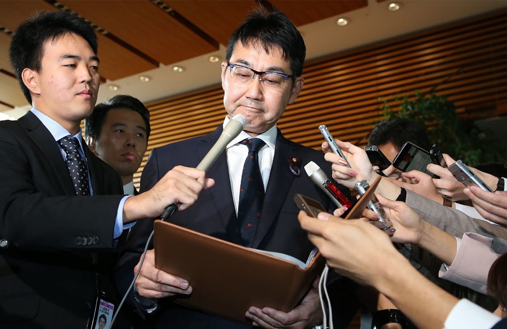 Japan's justice minister Katsuyuki Kawai speaks to journalists after submitting his resignation in Tokyo October 31, 2019. u00e2u20acu201d AFP pic