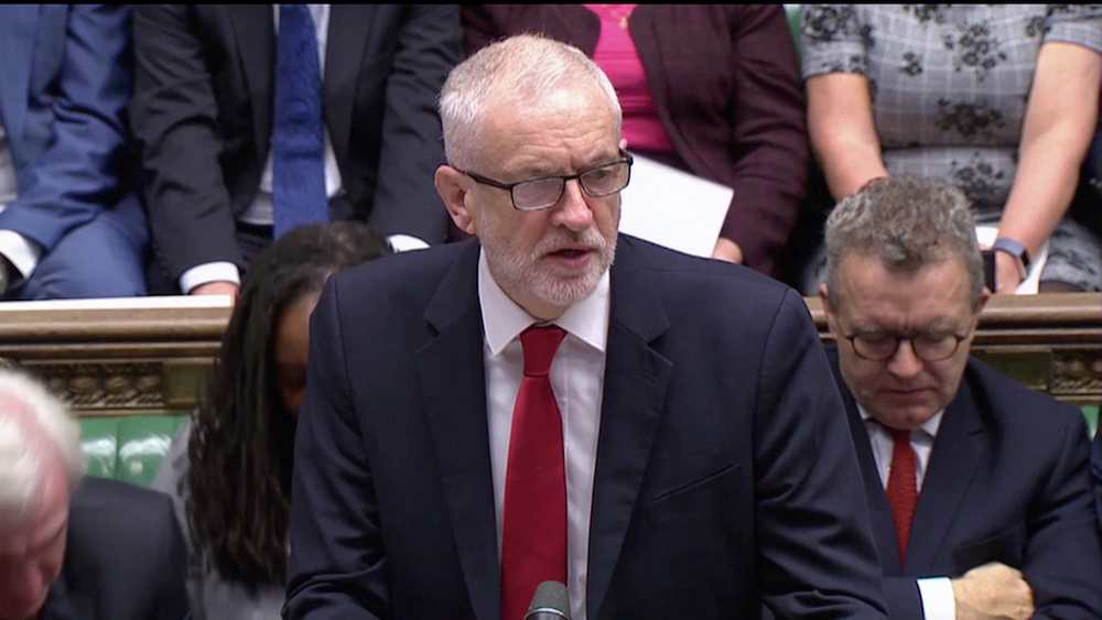 Britainu00e2u20acu2122s opposition Labour Party Leader Jeremy Corbyn speaks at the House of Commons as parliament discusses Brexit, sitting on a Saturday for the first time since the 1982 Falklands War, in London, Britain, October 19, 2019, in this screen grab taken 