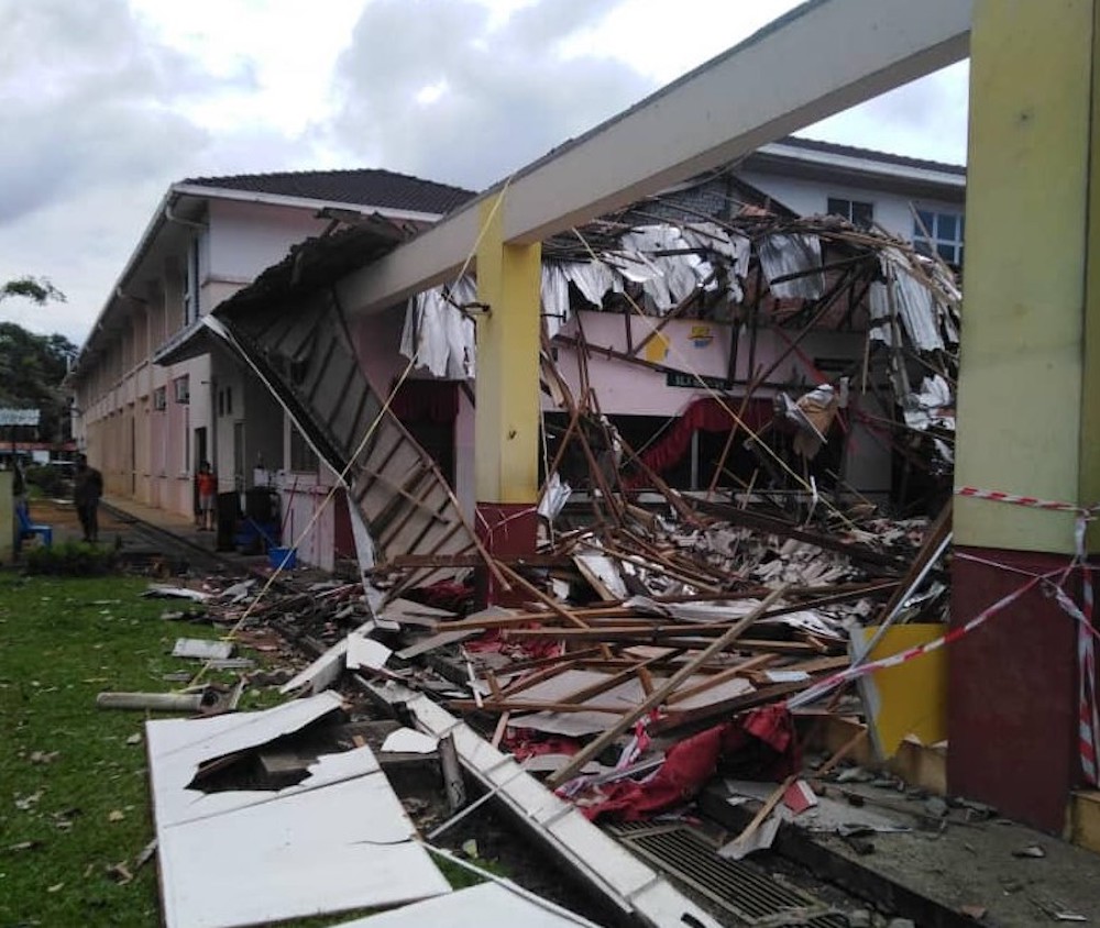 The collapsed canteen roof of SK Siol Kandis Kanan in Kuching October 18, 2019. u00e2u20acu201d Picture courtesy of the state Fire and Rescue Dept