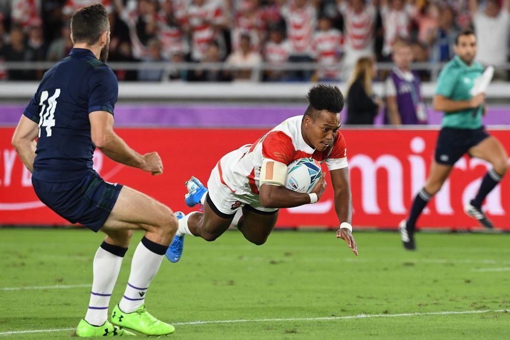 Japanu00e2u20acu2122s wing Kotaro Matsushima (centre) scores a try during the Japan 2019 Rugby World Cup Pool A match between Japan and Scotland at the International Stadium Yokohama in Yokohama, October 13, 2019. u00e2u20acu201d AFP pic