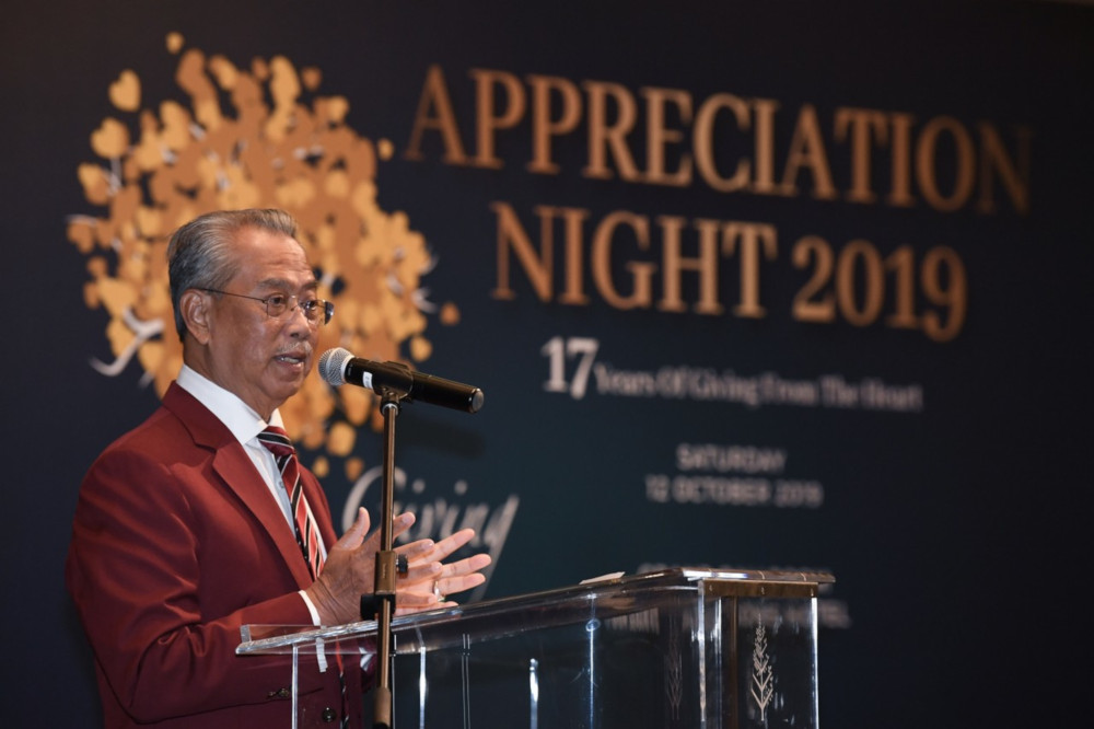 Home Minister Tan Sri Muhyiddin Yassin also The Founder Tan Sri Muhyiddin Charity Golf speaks at the TSMCG Appreciation Night 2019 in Kuala Lumpur October 12, 2019. u00e2u20acu201d Bernama pic 