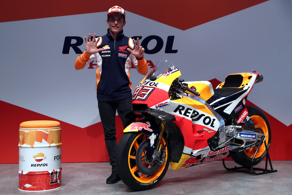 MotoGP World Champion Marc Marquez gestures next to a Repsol Honda Team RC213V motorbike at a news conference at Repsol headquarters in Madrid, Spain October 8, 2019. u00e2u20acu201d Reuters pic
